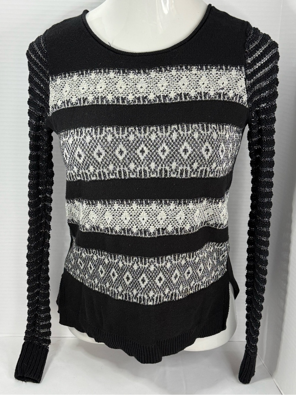 princess vera wang Black and White Striped Fair Isle Knit Sweater